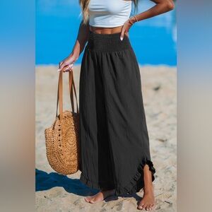 Black Smocked Waist Straight Leg Ruffle Pants